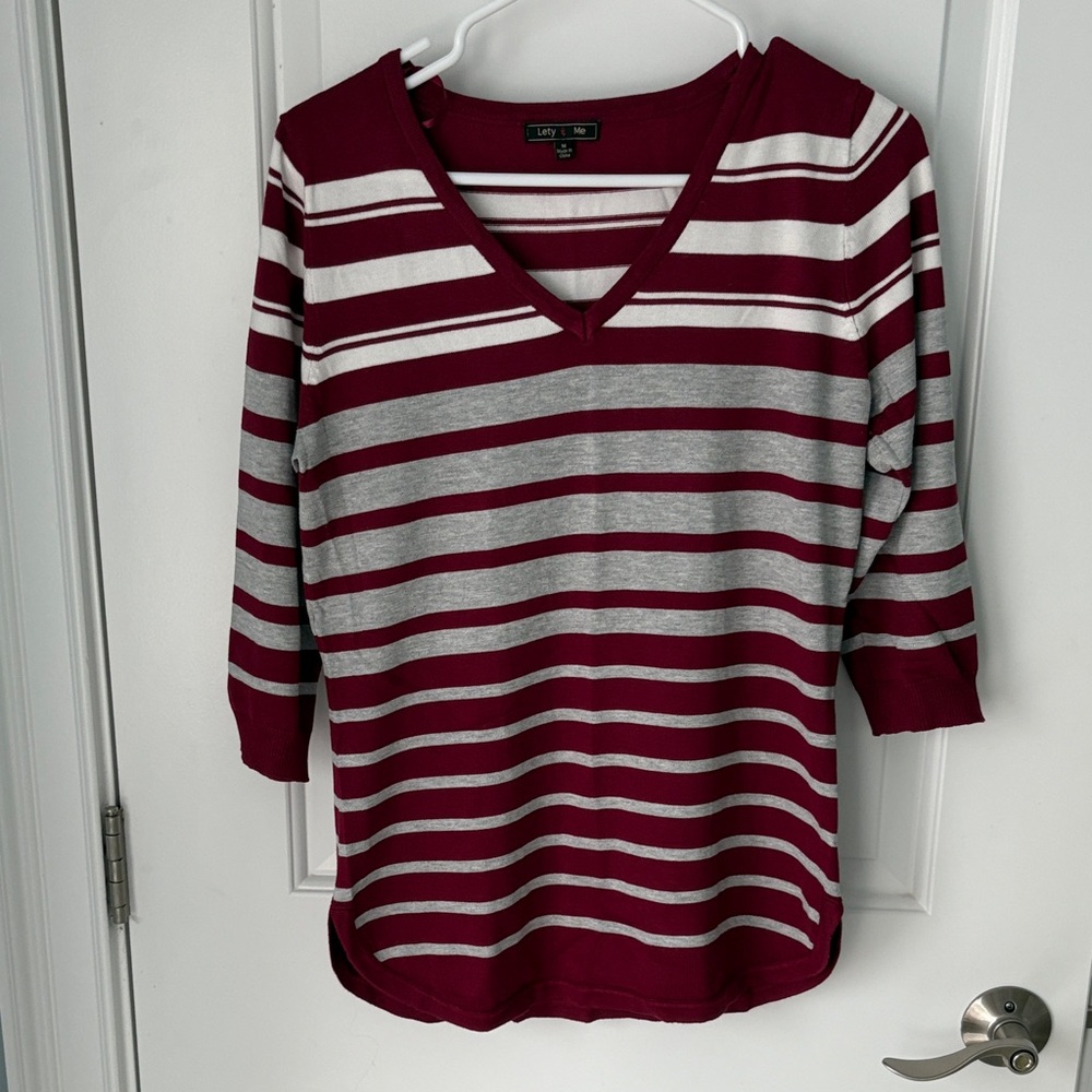 Striped V-Neck Top in Burgundy and Gray